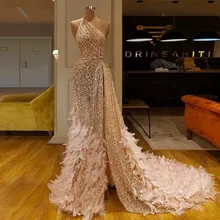 Sparkly Sequined Feather Prom Dresses Arabic One Shoulder Front Split Evening Dresses Long Women Vestidos вечернее платье