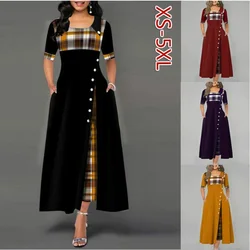 Vestido de mulher de luxo moda feminina meia manga xadrez botão de impressão detalhe vestidos para mulher plus size maxi vestido de festa