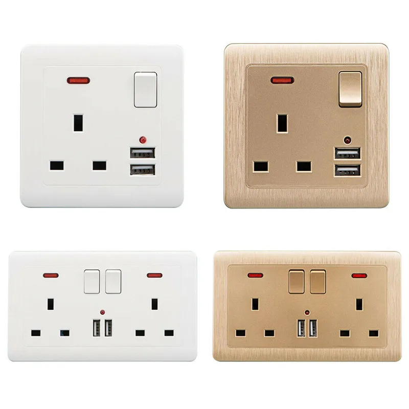 

Universal Double Three-hole Wall Power Socket With 2 USB Ports High Speed Charger Port LED Indicator UK Standard Switched Outlet