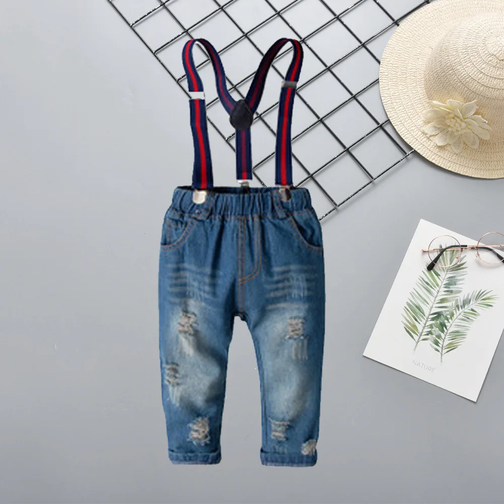

2019 Cross Border Big Boy with Holes Cowboy Trousers Children Cotton Pants BOY'S Spring And Autumn Baby Suspender Strap