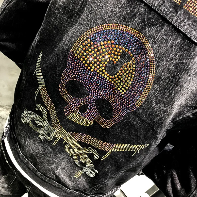 ABOORUN, Мужская джинсовая куртка в стиле панк с заклепками и черепами, уличная одежда в стиле хип-хоп, рваные джинсы, мужская куртка, R3117