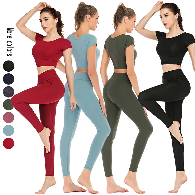 

Popularity High Quality Quick-Dry Bare Sense Chinlon Yoga Suit WOMEN'S Suit Navel Short Sleeve Fitness Yoga Pants Two-Piece Set