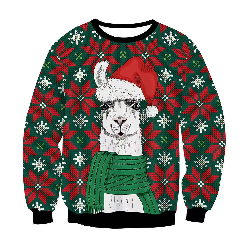 Couples Christmas Sweaters Funny Cute Alpaca Animal Cartoon Print Unisex Jumper 2021 Xmas Holiday Party Pullovers Man Sweatshirt | Мужская