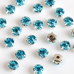 Elegant Silver Claw Sew-On Round Rhinestones for DIY Needlework and Wedding Attire (Lake blue)