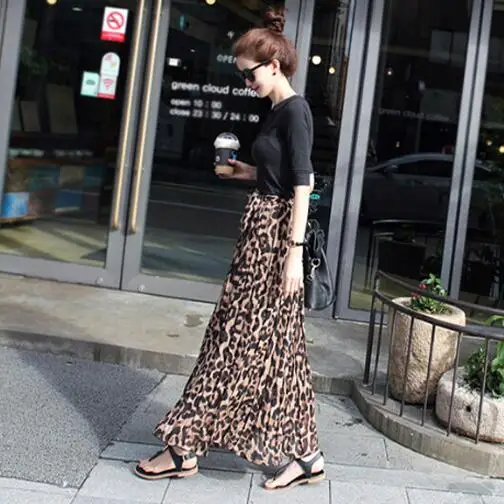 Women Summer Beach Leopard Chiffon Max Skirt Pleated Long Skirt Ladies Elastic Waist Long Skirt DV801