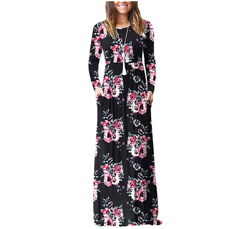

Autumn Long Dress Women Long Sleeve 2020 Casual Maxi Dresses Floral Print Female Wine Red O-Neck Robe Dress Winter Plus Size 3XL