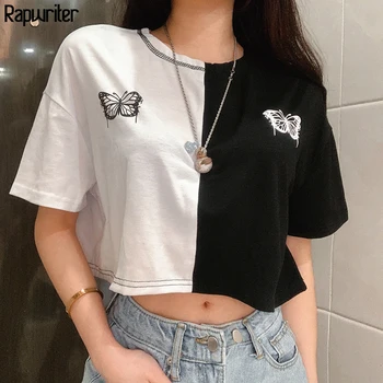 

Rapwriter Casual Panelled Loose Butterfly tshirt Women Summer 2020 Vintage Short Sleeve Harajuku Female T-Shirts For Women tops