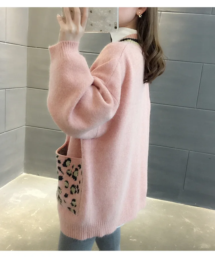 Весна и осень новая свободная Корейская версия v-образным вырезом вязаный кардиган женский леопардовый карман длинный дикий свитер пальто