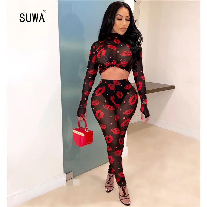 Черно-красный комплект из двух предметов с принтом рта сексуальный женский