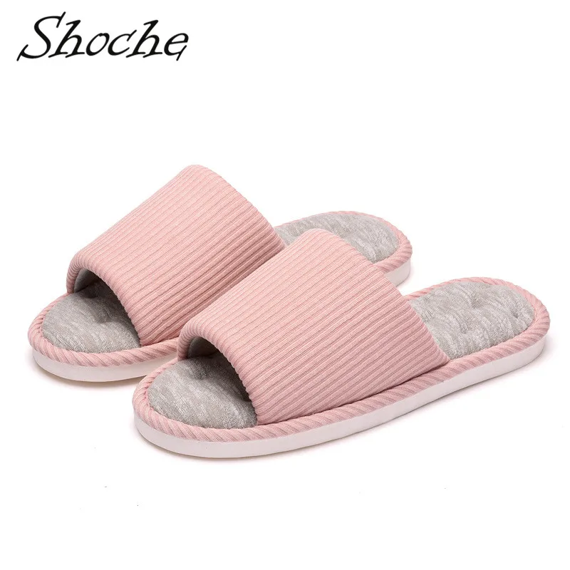 

Shoche Home Slippers Casual Stripe Cotton House Slippers Autumn Soft Flat Shoes Woman Bedroom Warm Slipper