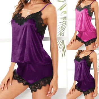 

2020 Sexy Lingerie Women Lace V-Neck Sleepwear Sleeveless Strap Nightwear Fashion Patchwork Pajama Trim Satin Top Two Piece Set