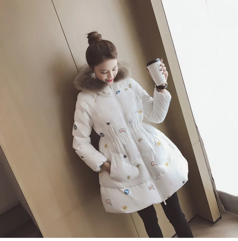 

Winter Jacket Women's Wear Korean Version Wool Collar Cap Cartoon Printed Cotton Jacket Medium-long Cotton Jacket