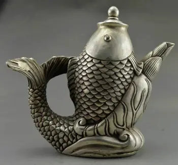 

Collectible Decorated Old Handwork Tibet Silver Carved Big Fish Tea Pot