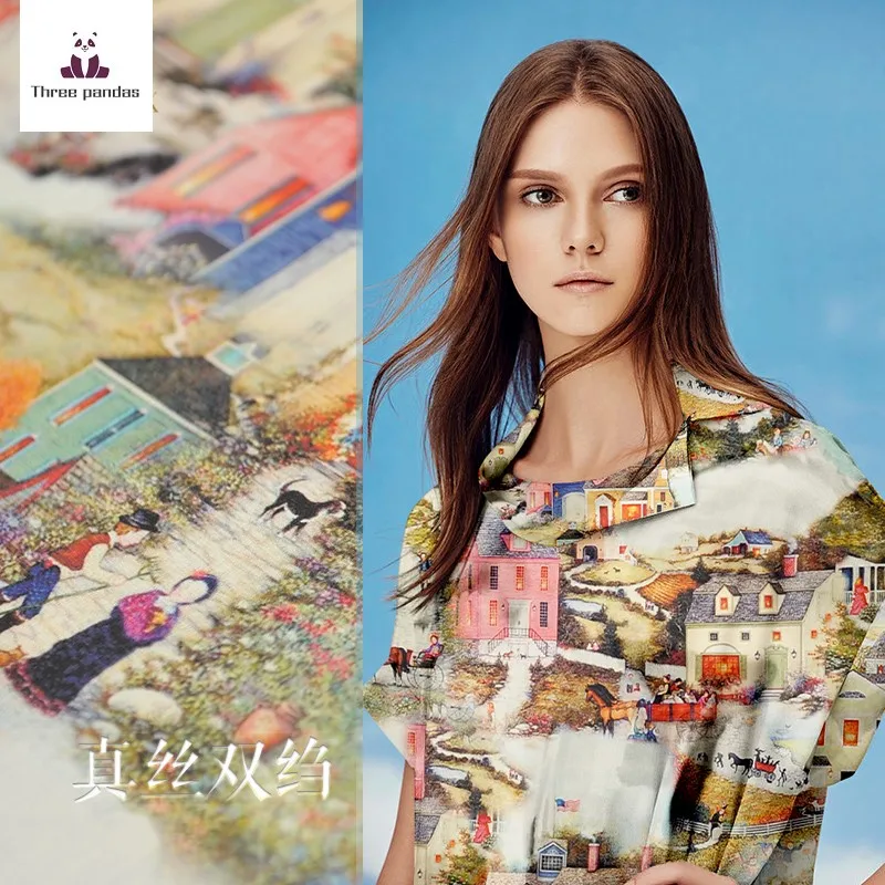 

Nordic printed natural silk double crepe fabric draped shirt cloth for dress diy sewing by the meter