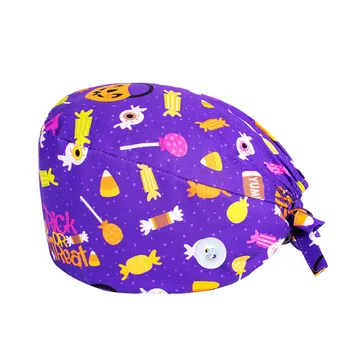 

Halloween Scrub Cap With Buttons Hat Suction Sweat Towel Nurse Cap Printed Cap