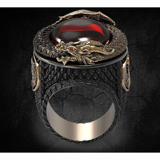 Style Collection! Luxury Men's Domineering Dragon Pattern Rings Inlay Big Red Crystal Ring Rock Biker Wedding Party Jewelry