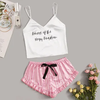 

Women Letter Print V-neck Sexy Pyjamas Set Camisole Sleepwear Pink Stripe Shorts Lingerie Set Summer Pajamas Suit Pijama Mujer
