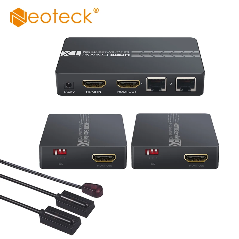 Neoteck HDMI-Compatible Extender Splitter 1 to 2 Over Ethernet Cat6 Cat7 Cable Up 50M with IR Remote Control EDID 1080P | Электроника