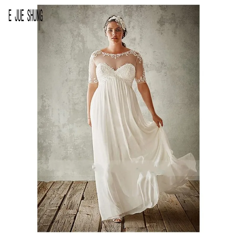 

E JUE SHUNG White Sheer Short Sleeve Wedding Dresses Scoop Neck Lace Appliques Country Cheap Wedding Bridal Gown robe de mariee