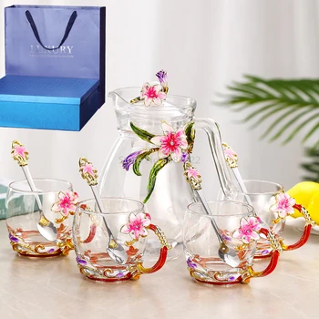 

Enamel Flower Decoration Glass Cup with Spoon Kettle Set Household Coffee Cup Wedding Banquet Supplies Gifts