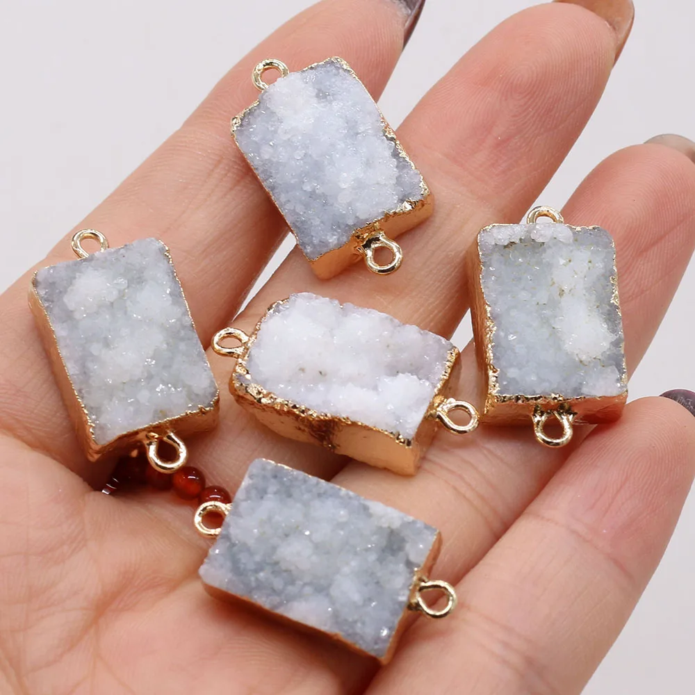 

Natural Quartzs Druzy Pendants Rectangle Gold plated Double Hole Connectors for Jewelry Making Diy Necklace Bracelet Accessories