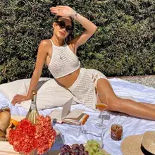 

2021Women's Bathing Suit Cover up for Beach Pool Swimwear See Through 2 Piece Outfits Bandeau Top Long Skirt Set Crochet Dress