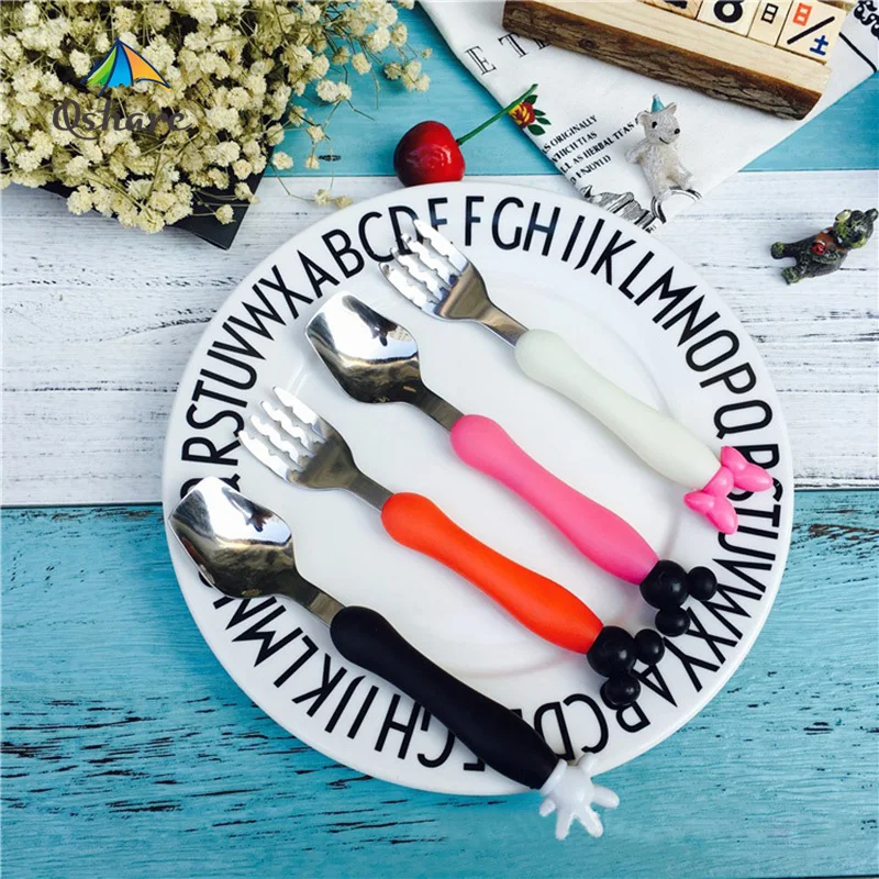 Qshare 4pcs/Set Baby Utensil Children Tableware Set Infant Stainless Steel Spoon Fork Mickey Cartoon Flatware Kids Feeding Spoon Fork Spoon Set Stainless Steel Cutlery Set Baby Cutlery