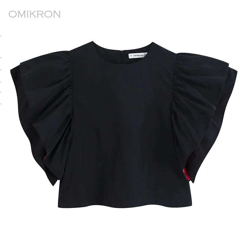 Женская офисная блузка OMIKRON черная приталенная с расклешенными рукавами лето 2019 |