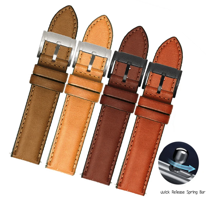 

BEAFIRY Quick Release Watch Band 18mm 20mm 22mm Genuine Leather Strap Watchband Dark Brown Khaki Yellow for Men Women for