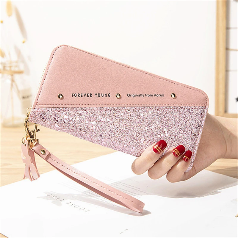 De las mujeres de la moda de cuero de la Pu de carteras largas Patchwork lentejuelas brillo cartera moneda monedero mujer carteras regalos venta al por mayor 2021