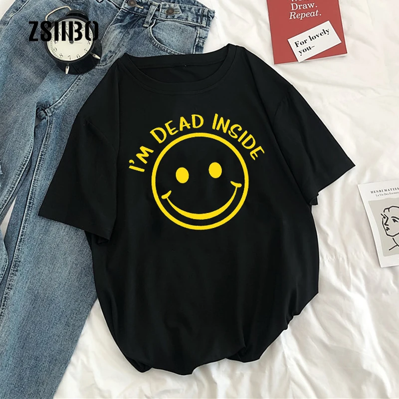 I'M Dead Inside летние Харадзюку Новые Топы с принтом футболки буквами большие
