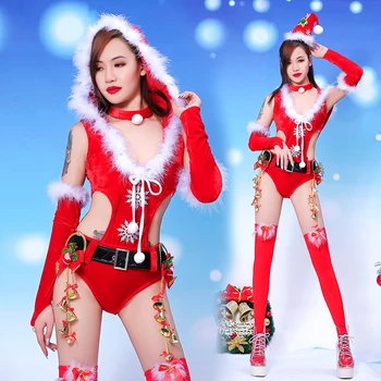 

Christmas Bar Party Festival Outfit Gogo Costumes Female Singer Red Hooded Jumpsuit Nightclub Dj Show Ds Rave Bodysuit DT1697