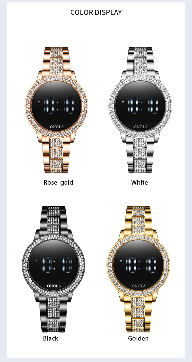 Fashion full diamond touch screen Led display ladies waterproof steel band quartz movement electronic watch business watch