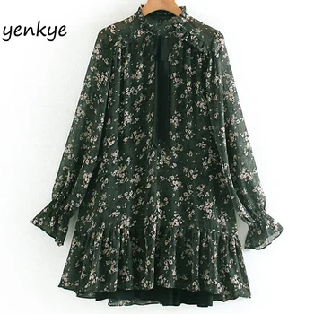 

Women Vintage Floral Print Dress Lady Bow Tie Stand Collar Long Sleeve A-line Ruffle Flowy Casual Dress XNGC9570