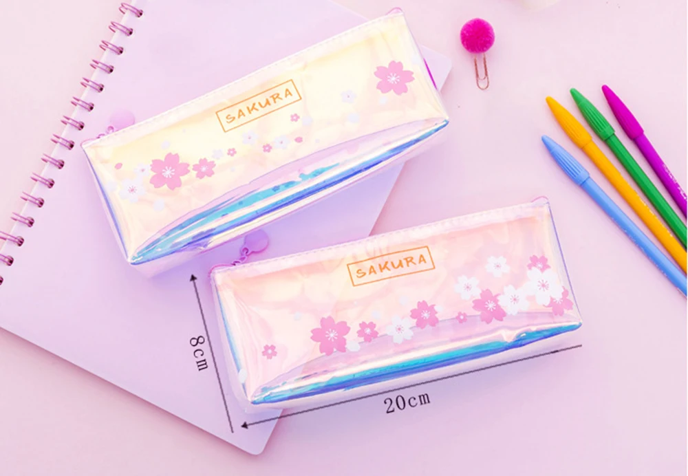 1 шт., Kawaii, лазерная сумка для карандашей с изображением вишни, сакуры, большой емкости, органайзер, чехол для карандашей, школьные принадлежности