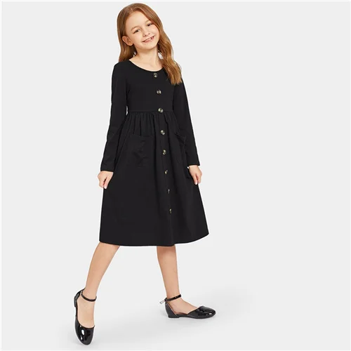 SHEIN Kiddie/черное однотонное плиссированное платье с одной пуговицей спереди для девочек г. Осенние повседневные миди-платья с длинными рукавами и двойным карманом - Цвет: Черный