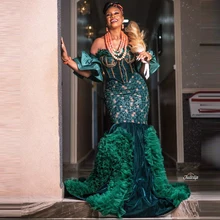 

Luxury Green Mermaid Prom Dresses Strapless Puff Ruffles Sleeves Tulle Pleated Long Evening Gowns Lace Beaded Plus Size