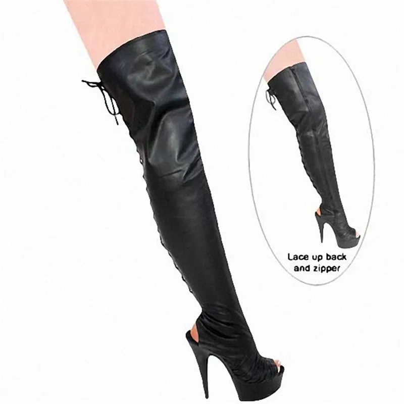

Sexy fish-mouth 15cm thigh-high boots, skinny heels for stage shows, pole dancing boots