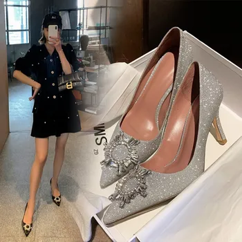 

new banquet Rhinestone single shoes fairy with dress shallow mouth wedding shoes small thin high heels single shoes