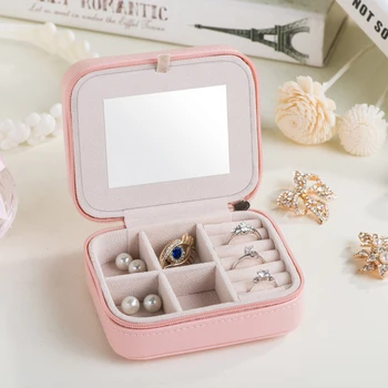 

Fashion Women's Mini Jewelry Box Travel Makeup Organizer Faux Leather Casket With Zipper Cheap Classic Style Jewellery Case