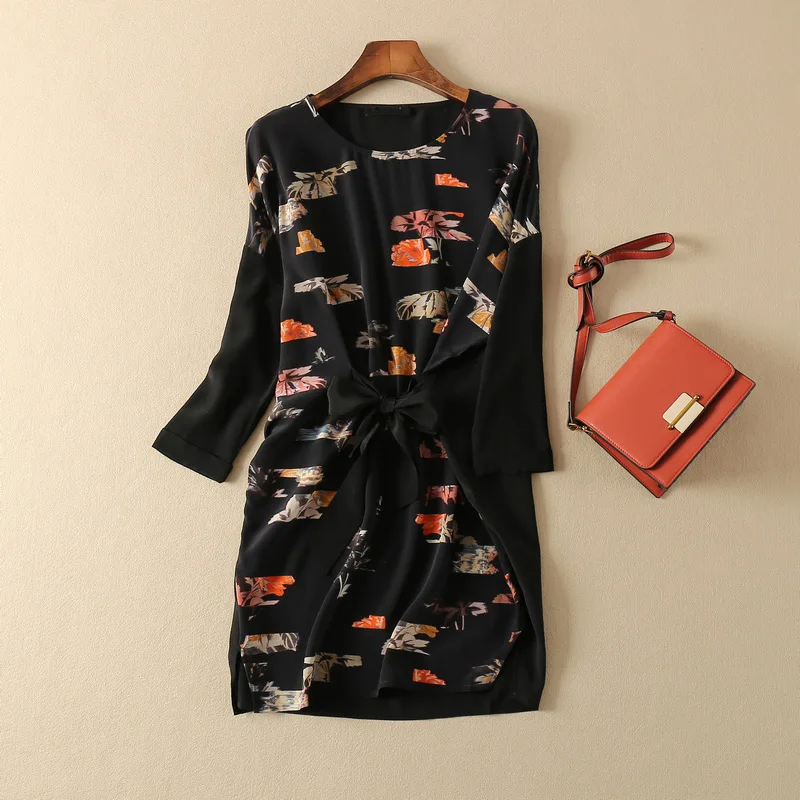 

Silk 100% Women Vintage Black Printed Short Mini Dress With Waist Ties & Long Sleeve