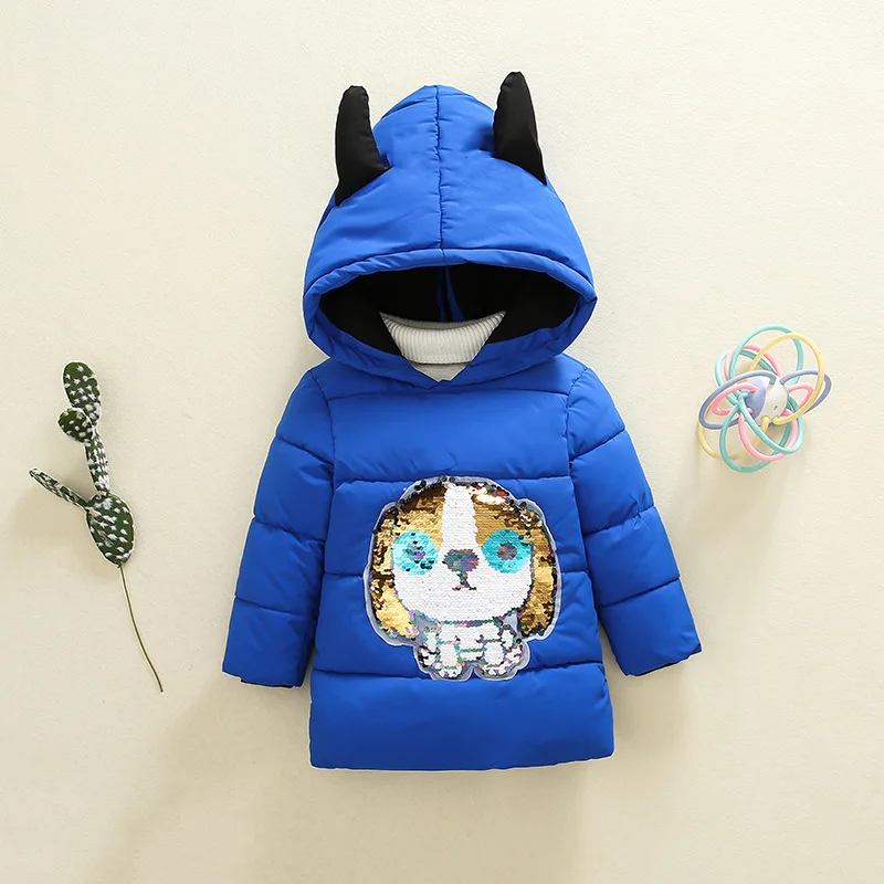 Зимняя одежда с хлопковой подкладкой в Корейском стиле, для детей 1-4 лет, с мультипликационным принтом мордочки собаки, для мужчин и женщин, Детская Плотная хлопковая одежда