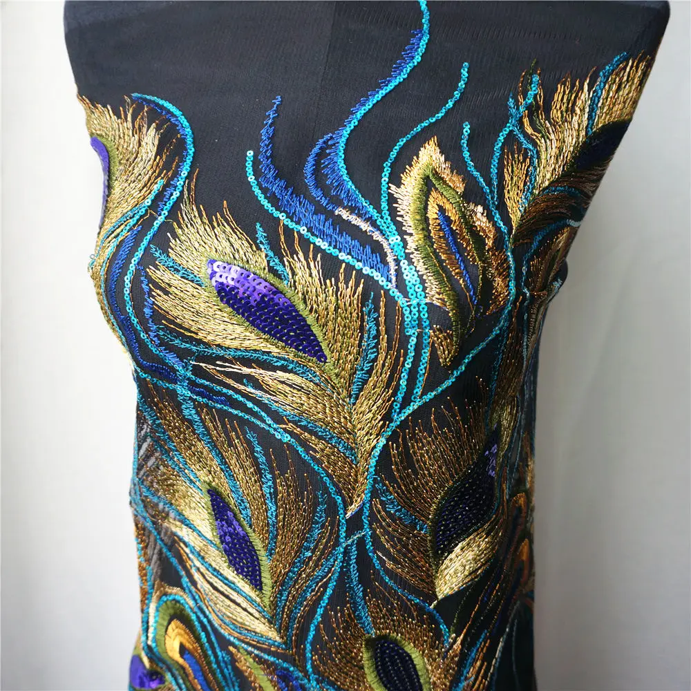 Кружевная ткань 130 см с голубыми блестками, перьями павлина Феникса, черная сетка, вышитое платье, Аппликации, нашивка для свадебного украшения