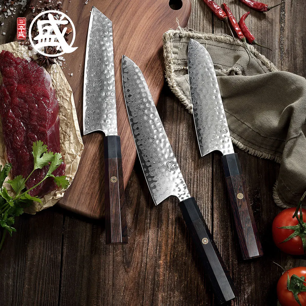 

MITSUMOTO SAKARI 8''inch Damascus Steel Chef Knife Japanese handcrafted Chef's Knives natural ebony wood Handle Wooden gift BOX