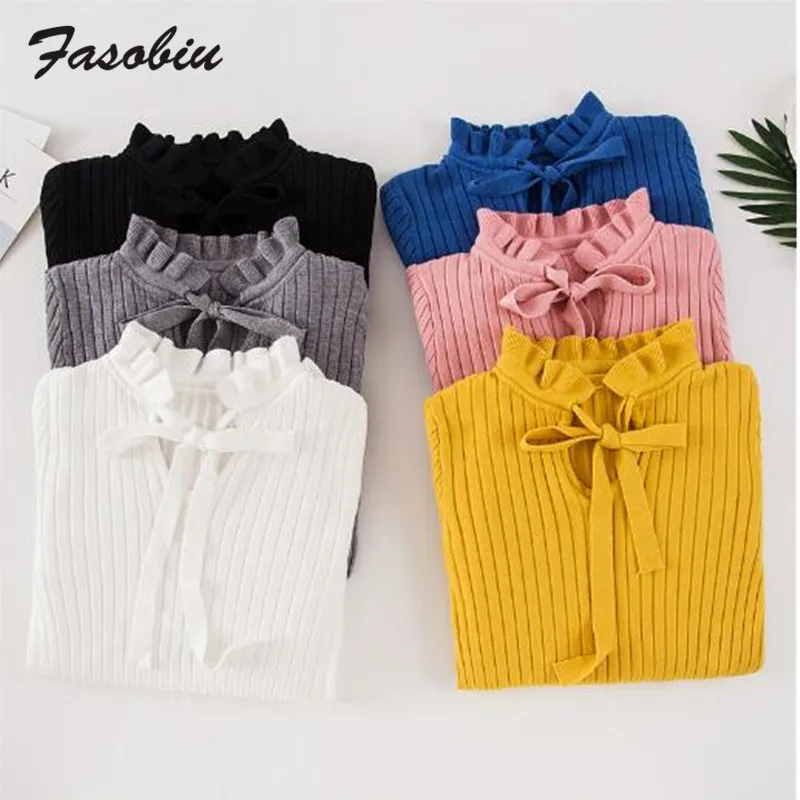 Online 2019 nuevo suéter de punto Delgado femenino de manga larga otoño bow Jersey con nudos jerséis para mujer suéteres suéter de Invierno para mujer