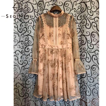 

SEQINYY Beige Dress 2020 Summer Spring New Fashion Design Women High Quality Embroidery Flowers Mesh Lace Mini Dress