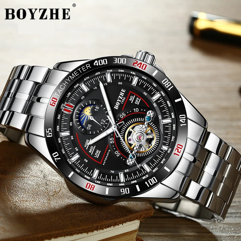 

BOYZHE Mens Automatic Mechanical Fashion Top Brand Sports Watches Luxury Tourbillon Moon Phase Stainless Steel Watch Clock saat