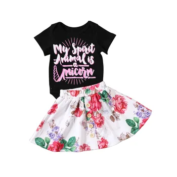 

Summer Newborn Infant Baby Girl Flower Clothes Set Letter Black T shirts Floral Ruffles Skirts Summer Outfits