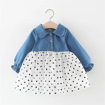 

Baby Girl Denim Tutu Dress Casual Long Sleeve Polka Dot Patchwork Dresses Toddler Girls Cowboy Princess Dress Vestido Infantil