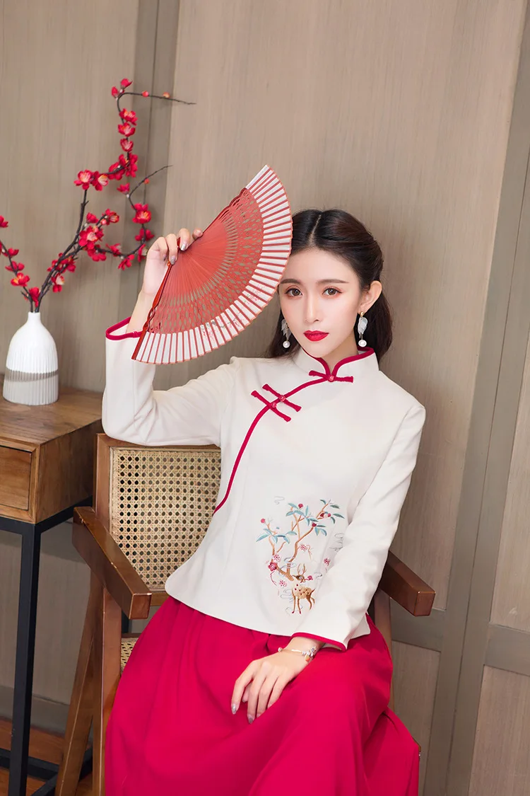 Sheng Coco абрикосовый белый топы Ципао рубашка Cheongsam топы Hanfu костюм китайский стиль жемчуг Pankou блузка красная юбка 3XL